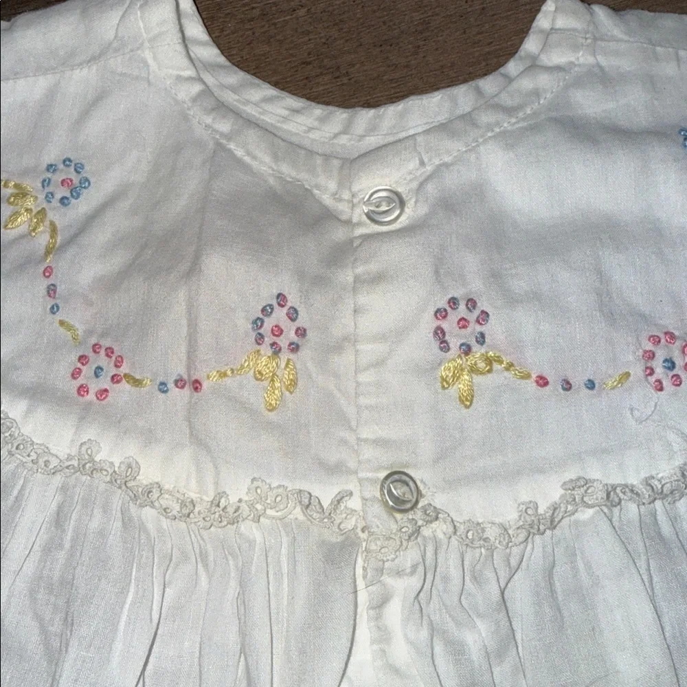 Vintage Handmade Embroidered Baby Dress White Cotton Heirloom Gown